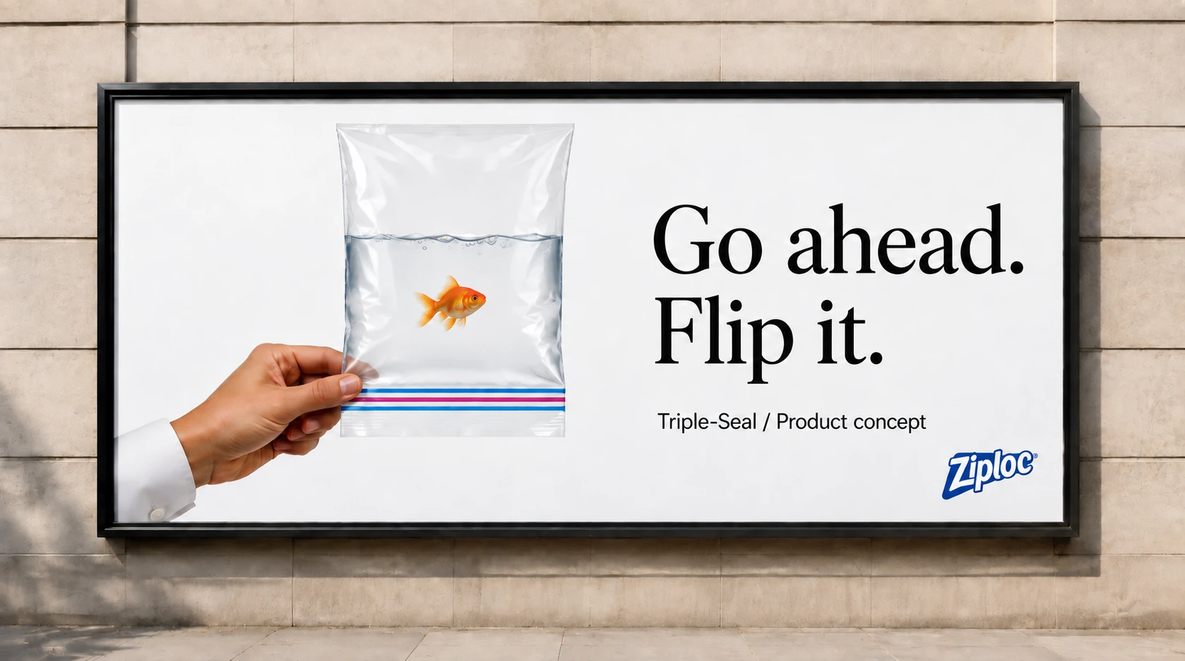 Go ahead. Flip it. Speculative billboard for an imagined Triple-Seal product; AI-generated imagery.