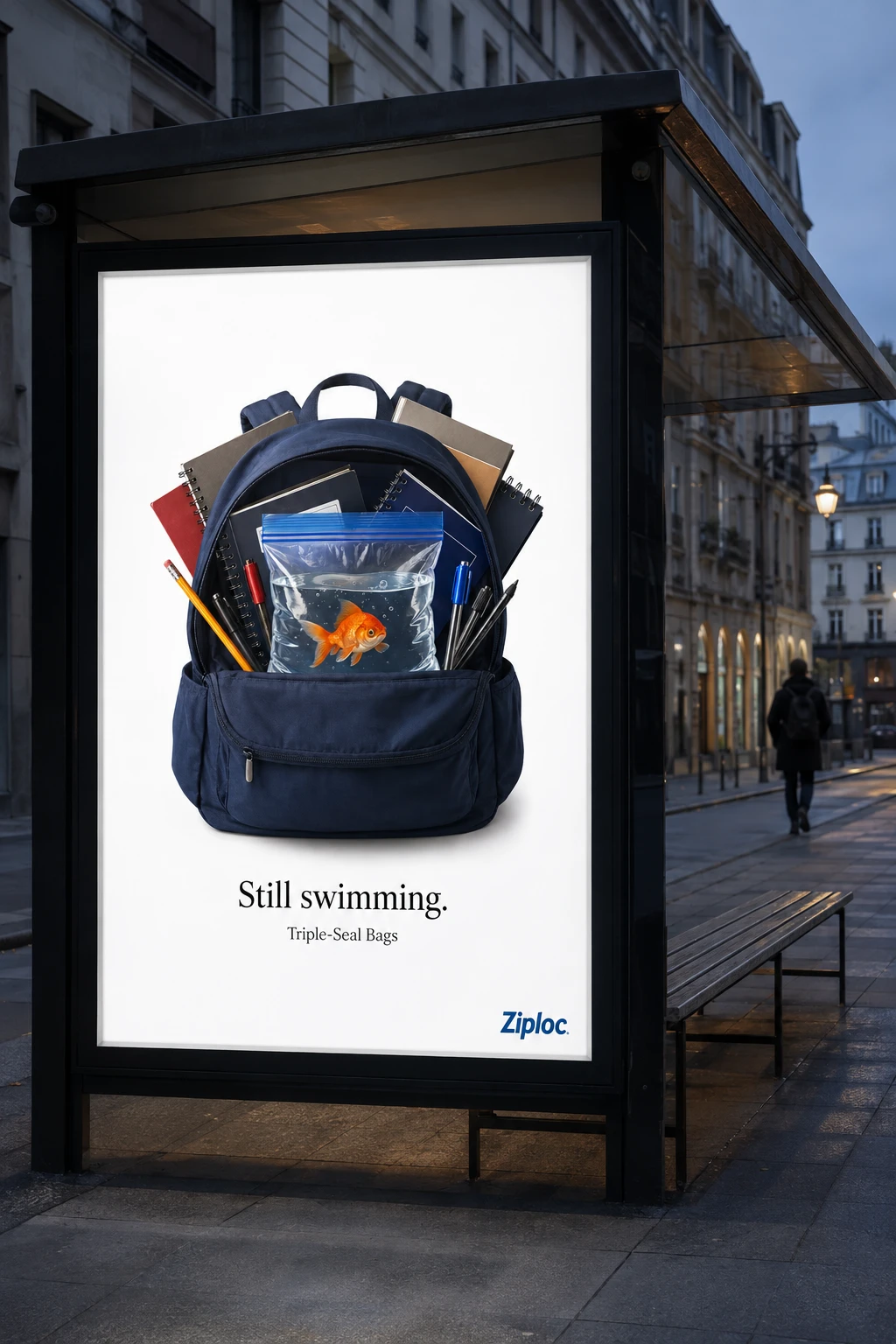 Still swimming. A playful exaggeration of protection, imagined as a bus-shelter placement. AI-generated concept mockup.