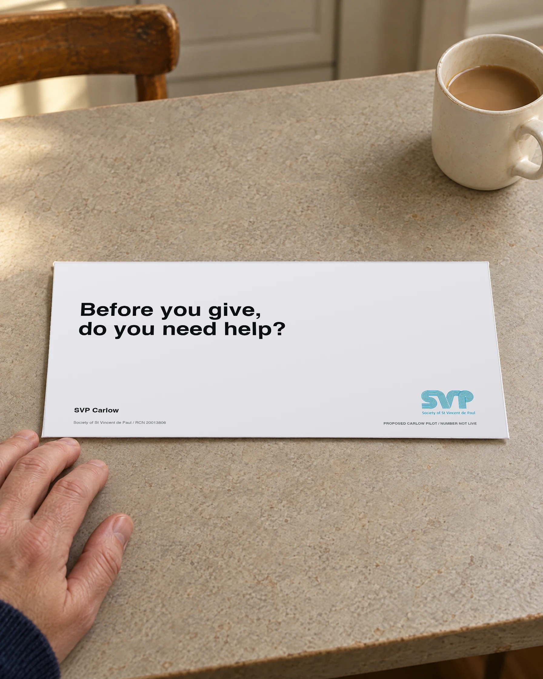Before you give, do you need help?. The fundraising envelope would offer help before asking for support.