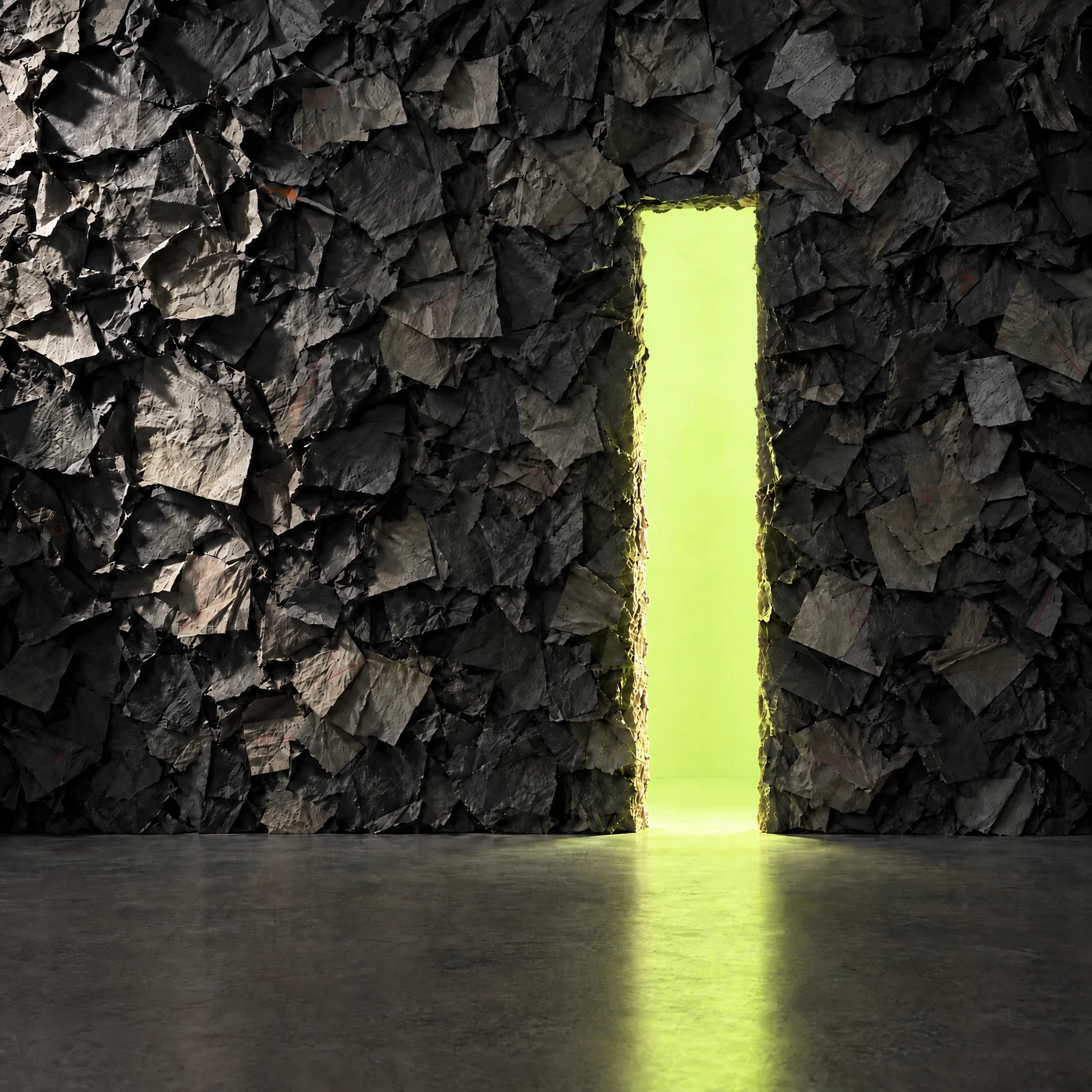 A luminous lime opening through a wall of discarded paper: making room to say yes.